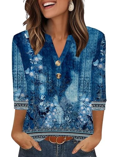 Image of Aokosor Womens 3/4 Sleeve Tops Ladies Blouse V Neck Tunic Long Sleeve T Shirts Curved Hem Office Wear Blue White Flora Top Plus Size 26-28 for UK