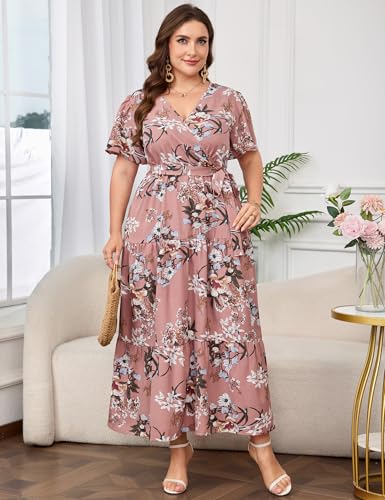 Image of ShopWonder Womens Plus Size V Neck Wrap Maxi Dress High Waist Ruffle Summer Casual Dress with Belt