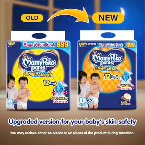 Image of Mamypoko pants All night absorb| Pant Style Baby Diapers Large Size(L), 62 Count, Ideal for 9-14Kgs|1 Diaper= Upto All night Absorption|Wider Crisscross Sheet|Gentle Coco Care| 12hr Leakage Protection| Prevents Heaviness.