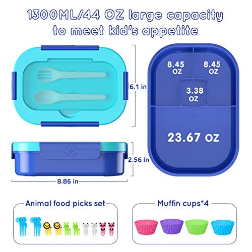 Image of Kids Bento Lunch Box Leakproof Lunch Box with 4 Compartments Lunch Containers with Tableware Kids Bento School Lunch Boxes with Container 44oz, Microwave Dishwasher Freezer Safe (Blue)