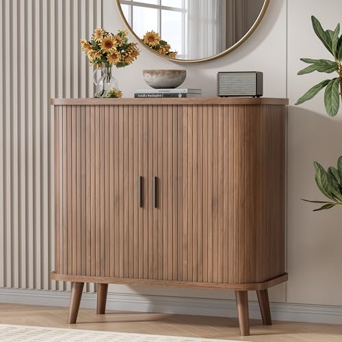 Image of BORNOON Buffet Cabinet with Storage, Curved-Edge Fluted Storage Cabinet Sideboard, Modern Walnut Sideboard Buffet with Adjustable Shelves & Sliding Door for Dining Room, Kitchen, Entryway