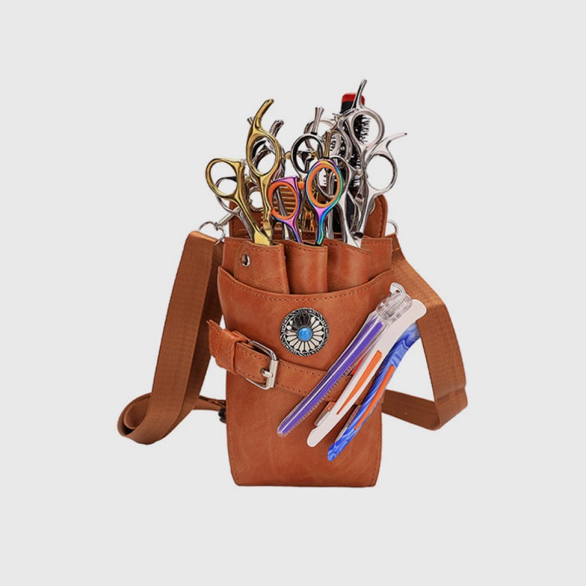 Portable Barber Scissor Waist Bag in Orange Pu Leather with Multiple Storage Areas for Hairstylists and Hairdressers for Barber Shop Use