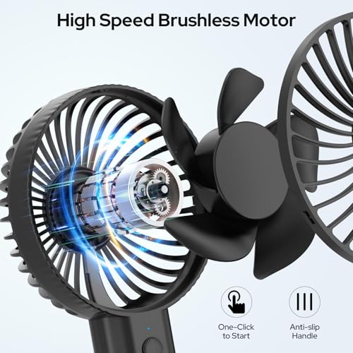 Image of COSTAR Handheld Fan, Brushless Motor Portable Hand Fan with Fan Base, 3 Speeds USB Fan, 1800mAh Battery Rechargeable for Summer and Travel Use by Women and Men (Black)