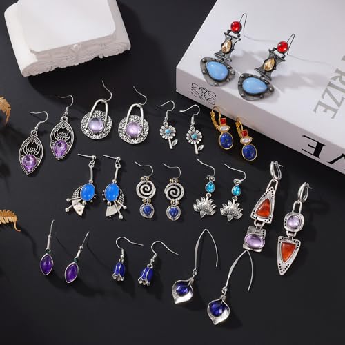 12 Pairs Vintage Geometric Druse Crystal Drop Dangle Earrings Ethnic Style Vintage Boho Jewelry Waterdrop Earrings Jewelry Set for Women3