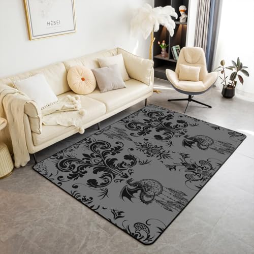 Gothic Dragon Dreamcatcher Area Rug Black and Grey Damask Rugs