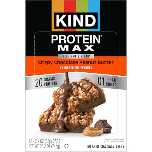 Image of KIND Protein MAX Crispy Chocolate Peanut Butter Snack Bars, 20g of Protein, Keto Friendly, 1g of Sugar Per Bar, Gluten Free, 12 Count Box