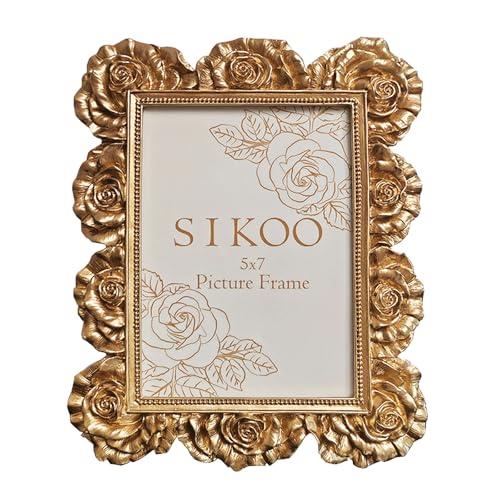 SIKOO 5 x 7 Vintage Picture Frames Ornate Gold Rose Picture Frame Floral Frames Tabletop and Wall Mount Retro Home Decor Gallery Wall Art