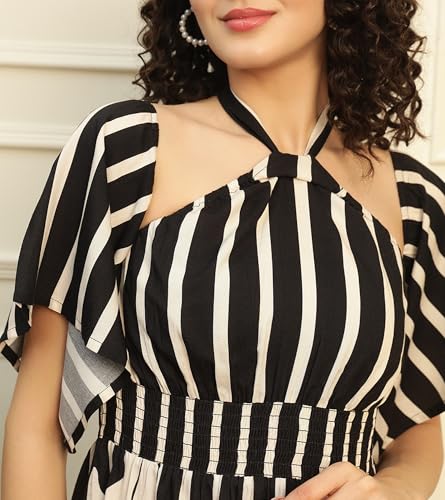 Image of DEEBACO Solid Rayon A-Line Slit Dress for Women's|Off Shoulder Short Bell Sleeve Maxi Dress with Pockets|Summer Western Party Casual Wear Dress for Ladies