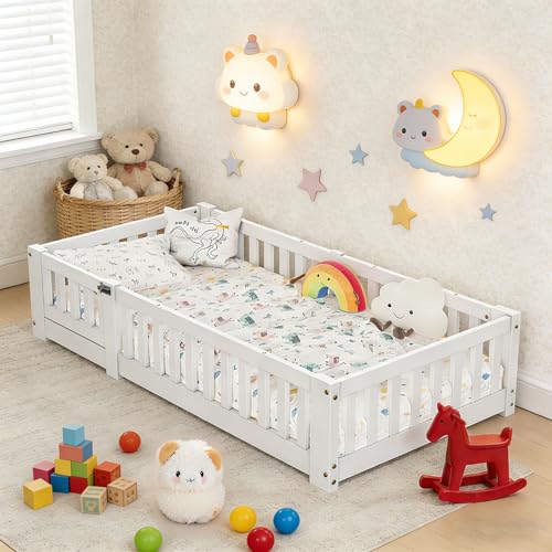 BursDany Lit de Sol Enfant 80x160 cm - Cadre Bois Massif Renforcé avec Barrière de Sécurité et Sommier à Lattes Évolutif, Lit Simple pour garçons et...