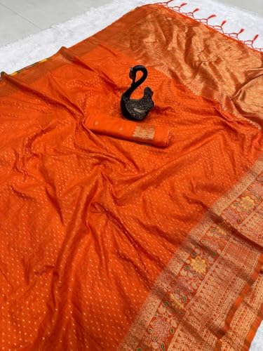 Image of Kanjivaram Silk Saree for Women - Handloom Floral Weaving, Contrast Border, Heavy Gold Zari Rich Pallu, Traditional Designer Wedding & Festive Saree with Blouse Piece