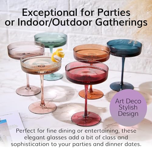Colored Vintage Art Deco Coupe Glasses - Martini, Cocktail &amp; Champagne Ribbed Glasses 7oz | Set of 6 | Cute Pastel Muted Crystal Cocktail Glassware, Goblet Cocktails, Stemmed Ripple Glassware Gift Box