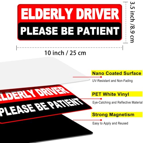 Image of 2 Pack Elderly Driver Car Magnet Sign, Senior Driver Magnet for Car, Please Be Patient Caution Sign to Old Grandma and Grandpa, Gag Prank Funny Gifts for Women, Men(Red-Black-2 Pack)
