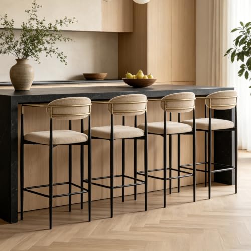 Butacos modernos para barra, 25'' con tapizado Boucle y brazos, sillas de isla estilo medio siglo con respaldo y patas de metal para cocina, comedor, cafetería, juego de 4, color caqui miniatura 1