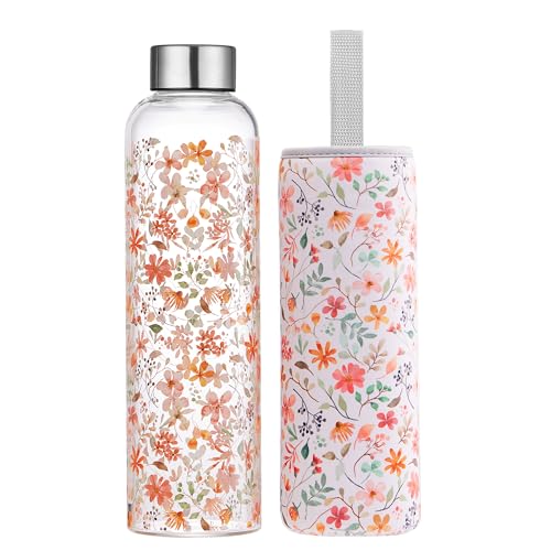 Autsel Glass Water Bottle 1000ml Artistic Glass Drinking Bottle with Lid Leak Proof Borosilicate Water Bottle with Protection Sleeve, Fine Gifts for Girls and Women