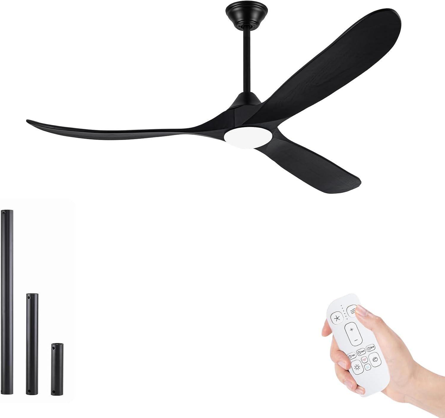 60 Inch Black Outdoor Ceiling Fan for Patios with Light, Modern 3 Blades Wood Ceiling Fan with Remote Reversible DC Motor, Indoor Outdoor Fan for Farmhouse Exterior Porch Gazebo