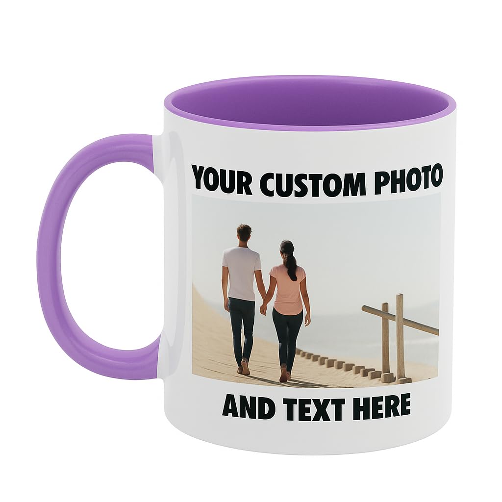 Personalized Coffee Mug Custom Photo Text or Logo Cup 11oz Purple Rim Inner and Handle Dishwasher Microwave Safe