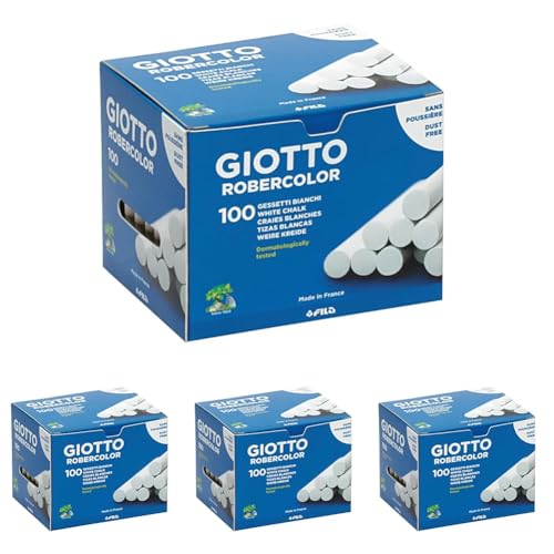 GIOTTO Robercolor White Chalk, 100 x Round Chalk Pack, Dustless & Super Washable, For Children, Parties and Schools (Pack of 4)
