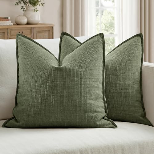 Image of MIULEE Pack of 2 Thick Textured Couch Throw Pillow Covers 18x18, Dark Green Decorative Pillow Covers, Linen Cushion Cases for Sofa Bed Living Room Modern Farmhouse Home Decor, No Filling