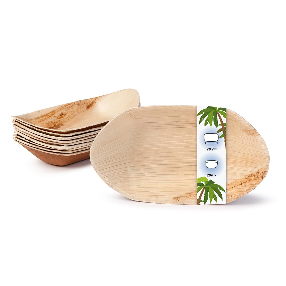 Palmware Ciotola in foglia di palma per finger food I Vasellame monouso biodegradabile I Ciotole monouso da portata Ciotola per immersione Ciotola per merendine I 200 pezzi Party boat 20 cm