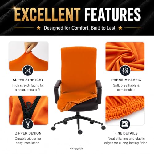 Image of Stretch Computer Office Chair Cover with Durable Zipper - Universal Washable Removable Spandex Rotating Boss Chair Slipcovers - Anti-dust Soft Desk Chair Seat Protector for Dogs, Cats, Pets (Orange)