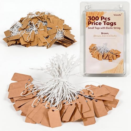 300 Pcs Small Price Tags with Elastic String, Brown Kraft Jewelry Tags for Pricing, Writable Mini Hang Tags for Rings, Earrings, Bracelets, Clothing, 1.02 x 0.47 in