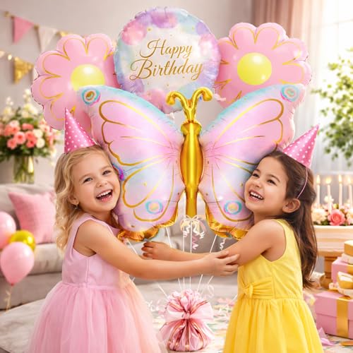 Image of Rozi Decoration Butterfly Theme Happy Birthday Foil Balloon Set with Flower Balloons for Kids Birthday Party Decoration, Pastel Pink Gold Party Decor for Girls Home Celebration