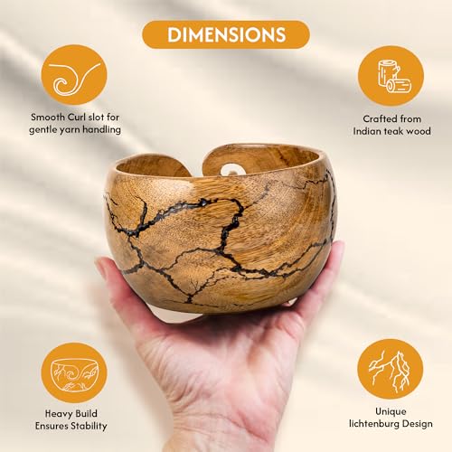 Image of Mangowood Yarn Bowl for Crocheting, Large 7x4 inch Cute Crochet Wooden Yarn Holder & Knitting Gadgets Supplies, Gifts for crocheters Handmade Bowl with Fractal Burning & Black Resin Inlay (M-Black)