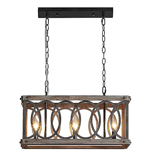 PHILOMENA Antique Wood Farmhouse Chandelier, 3-Light Rustic Bronze Cage Rectangular Dining Room Light Fixtures Over Table, Rectangle Linear Foyer Pendant Lamp Ceiling Hanging - Image 8