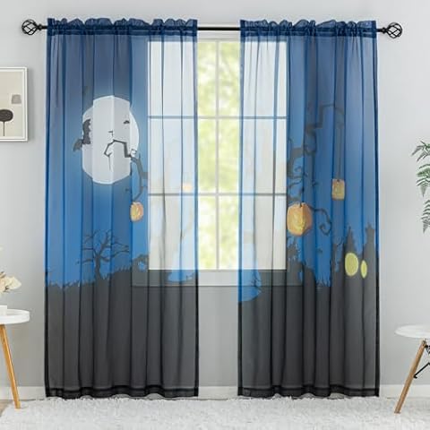 NHNHN Sheer Voile Curtains with The Old Money Style, for Children's Room Kids' Room 52" W*84" L 2 Panels, Rod Pocket Printed Window Drapes, Holiday, Halloween, Christmas，Living Room Bedroom Decro 709 Cover