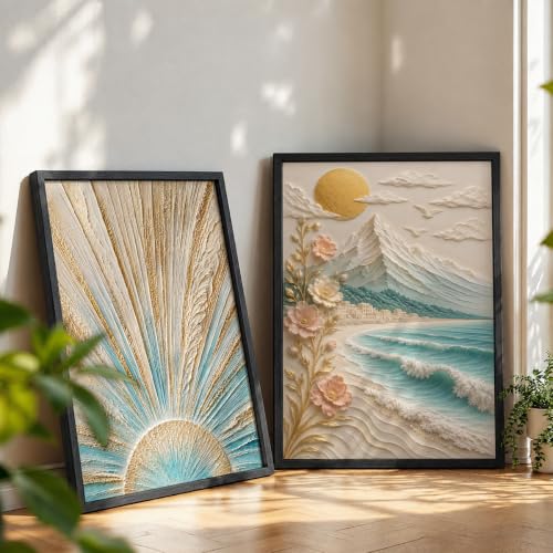 Image of NoWorries Coastal Sunrise Wall Painting Set of 2 with Frame | Textured Sunburst & Beach Landscape Artwork, Ocean Mountain Floral Nature Wall Decor for Living Room, Bedroom, Office and Home Decoration (Art-13, 21x31inch)
