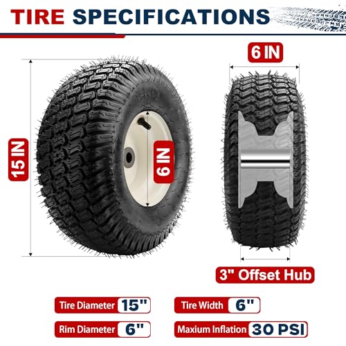 2 Pieces 15x6.00-6 Front Lawn Mower Tires & Wheels - NHS Alloy Steel - for Husqvarna Craftsman, John Deere 100 & D100 Series Riding Mowers and Lawn Tractors - 3\" Centered Hub, 3/4\" Bushings