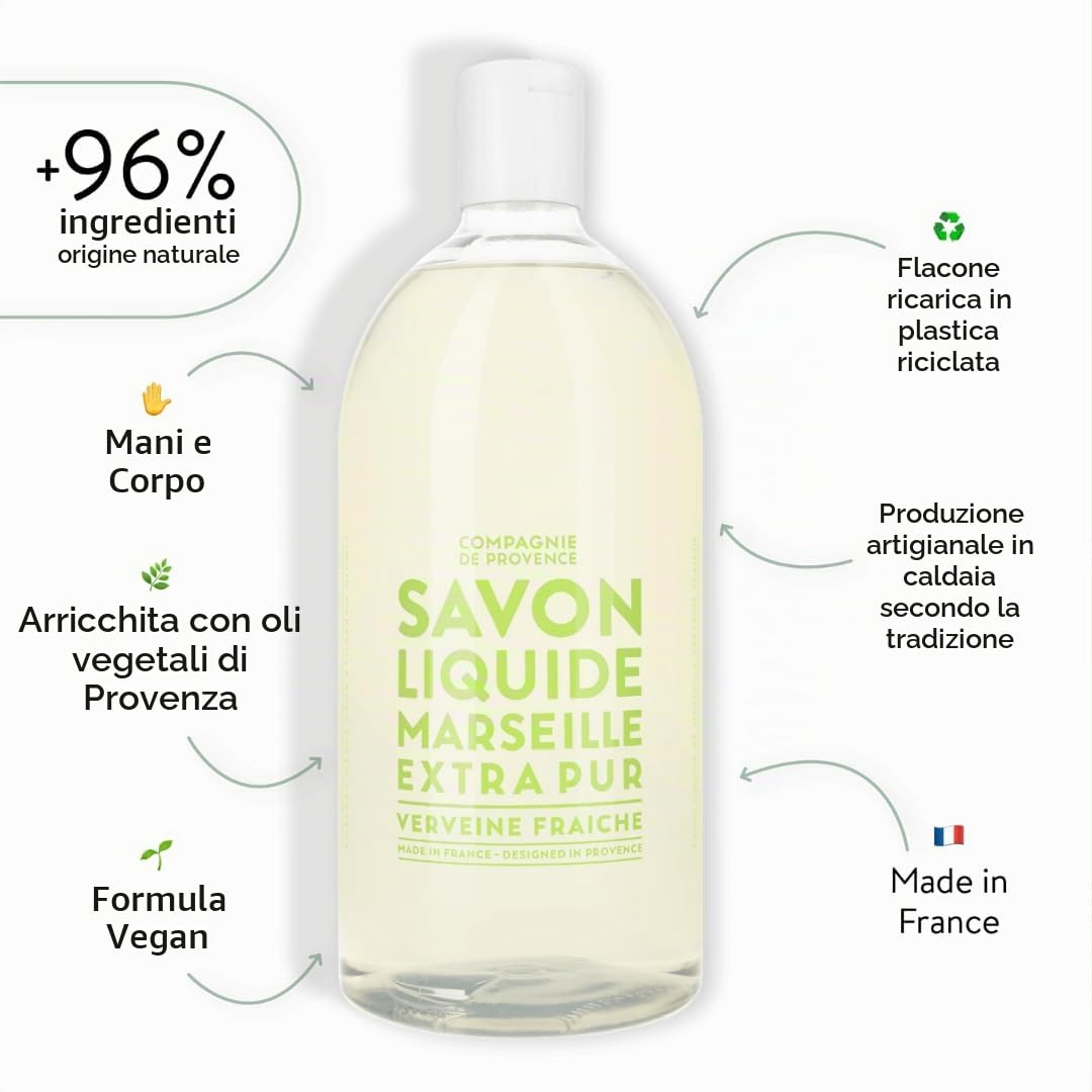 Compagnie de Provence® Sapone liquido Fresh Verbena 1 l | Dimensioni di ricarica | Note di verbena fresca e limone | delicato, efficace e meravigliosamente rinfrescante