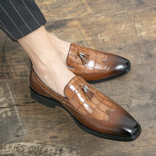 Men Loafer Dress Shoes Multicolor Brogues with Tassels Patchwork Two Tone Color Matching Punched Toe Men's Loafers & Slip-Ons Penny Brown Black2