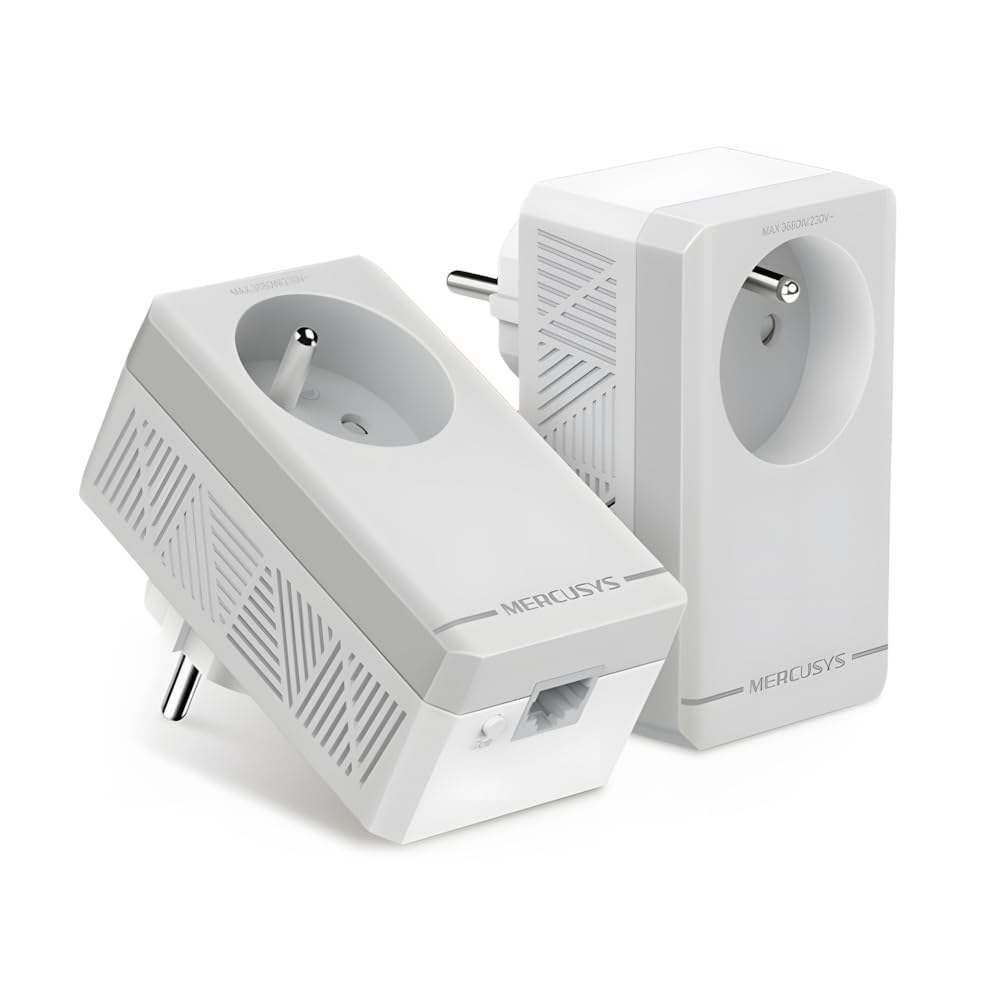 Mercusys MP300P Kit – Adaptadores Powerline AV600, Kit PLC 600 Mbps con Toma de Corriente integrada y Enchufe pasante, Cable Ethernet Incluido