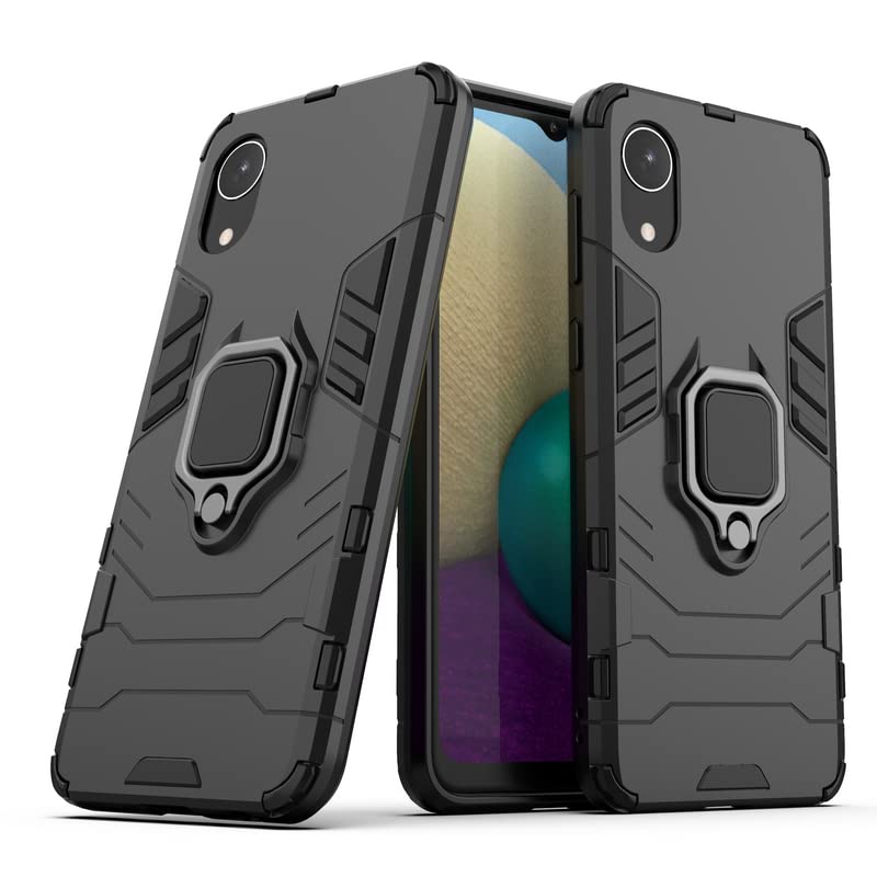 Image of Hybrid Armor Shockproof Soft TPU and Hard PC Back Cover Case with Ring Holder for Samsung Galaxy A03 Core (Black)