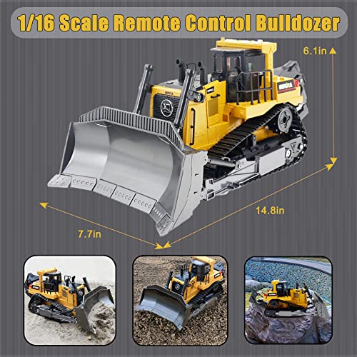 Bnam Remote Control Bulldozer Rc 1/16 Full Functional Construction Vehicle, 2.4Ghz 9 Channel Dozer Front Loader Toy With Light And Sound For Kids Age 6, 7, 8, 9, 10 And Up Years Old #TOP4