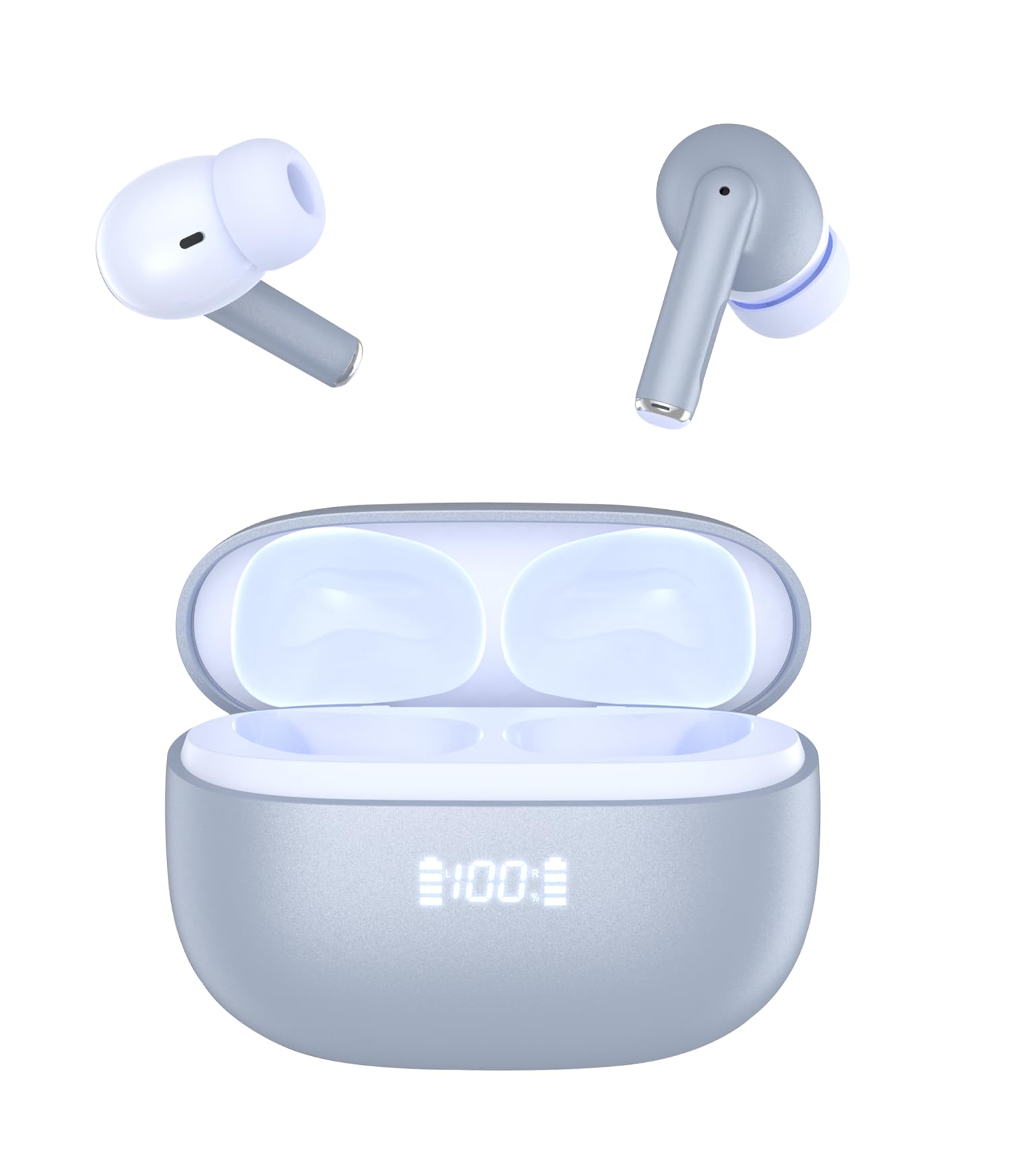 Cuffie Bluetooth, TWS,Auricolari Bluetooth 5.1 Stereo HiFi, ANC/ENC Cancellazione Rumore Cuffie Wireless, 30 Ore, Touch Screen con Equalizzatore, In Ear Cuffie S/F,IP7 Imper, Bianco (Blue chiaro)