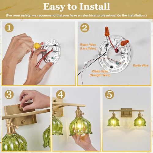 Image of 3-Light Vintage Bathroom Vanity Light, 19.4 inch Brass Hardwired Wall Sconce with Amber Tulip Glass Shades, Brushed Gold Vanity Light for Mirror, Restroom, Bedroom (Green, 2-Light)