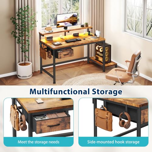 Image of DurayLoly 32 inch Office Desk with Power Outlet & Fabric Drawer,Rustic Brown