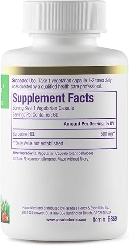 Miniatura 7 de Paradise Herbs, Extracto de berberina, 500 mg, suplemento de berberina pura y potente, vegano, sin OMG, sin gluten, 60 cápsulas vegetarianas