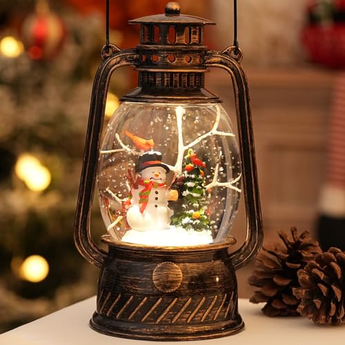Snow Globe Christmas Decorations Indoor, Snowman Light Up Musical Snow Globes Lantern With Glitter & 6H Timer for Home