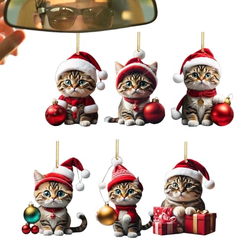 Bolas de Navidad de Gato - 6/7 Adornos Divertidos para Árbol de Navidad, Decoración Colgante de Gatito, Acrílico 2D