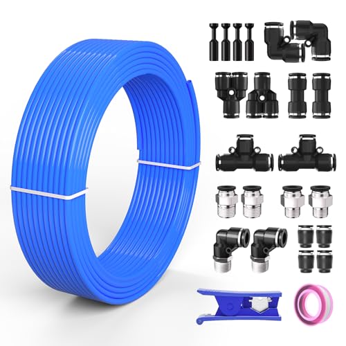 CNZG PNEU 1/4 Air line,1/4 inch OD Air Hose Kit,Airline Tubing Repair Kit Compressor Tube with Push to Connectors Fittings (Blue-32.8FT/10M)