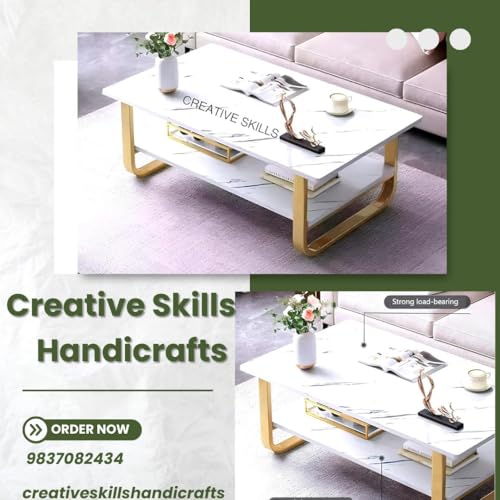 Image of Engineered Wood Coffee Table with Metal Base & 2 Tier Storage | Modern Rectangle Center Table for Living Room Sofa Set | Easy DIY Assembly (90 x 48 x 48 cm) (White Gold)