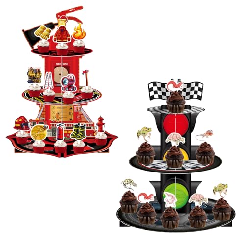 Dreischichtiger Rennwagen Kuchenständer, Cupcake Turm, Dessert Platten, Geburtstagsfeier Dekoration, lustige Kuchenartikel, Dekoration für Jungs- und Mädchengeburtstagspartys