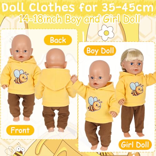 Baby Puppen Puppenkleidung 35-43 cm, 4 Stück Kleidung für 14-18 Zoll Baby Puppen, 1 Biene Hoodie 1 Braun Hose 1 Paar Socken 1 Hänger Süße Cartoon Puppenkleidung Geschenke für Kinder Mädchen Jungen
