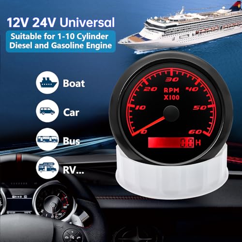 MAIMEIMI Tachometer Gauge 7 Color 0-6000 RPM Tacho Meter 85mm 3 3/8" for Auto Boat Marine Vehicle for 1-10 Cylinder Diesel and Gasoline Engine（Black） by MAIMEIMI - Image 2