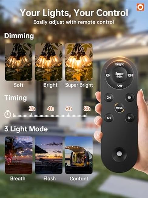 addlon 35FT Solar String Lights Outdoor, IP54 Waterproof Solar Powered with Remote & USB Port, 10+1 LED Shatterproof Bulbs, Dimmable Solar Light Outdoor for Camping Backyard Bistro Porch