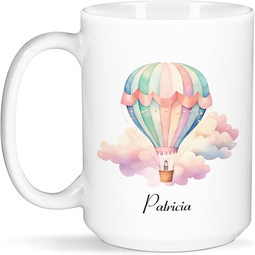 Nombre personalizado Tazas de café para niños, Tazas de café personalizadas pastel colorido globo de aire caliente, Tazas de café y té de chocolate