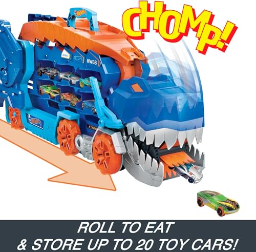 Image of Bundle of Hot Wheels City Track Set, Ultimate T-Rex Transporter, Hauler Transforms into Stomping Dino with Race Track + Hot Wheels Set of 10 Toy Trucks and Cars, Styles May Vary (Amazon Exclusive)
